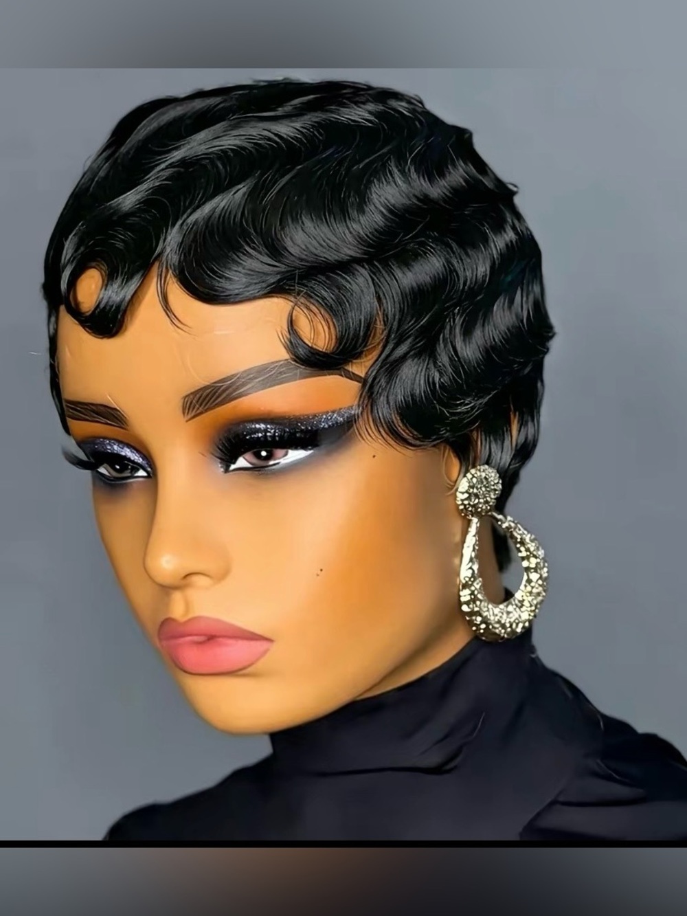 Short Black Finger Wave Wig Full Machine Wigs